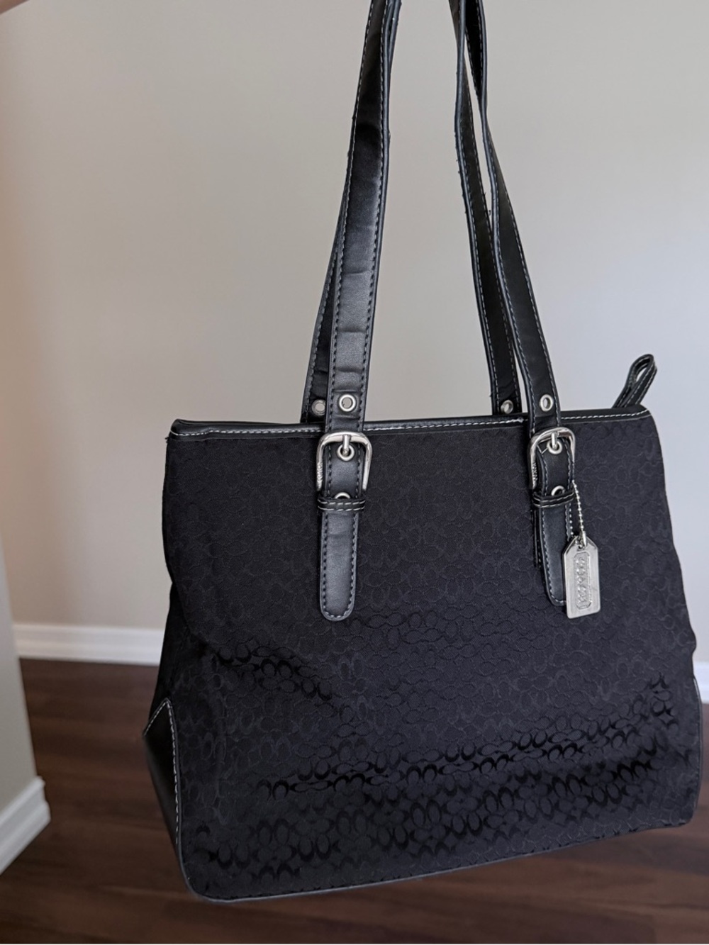 Coach Black Signature Jacquard Shoulder Tote with Leather Straps
